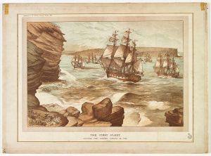 Colour lithograph of the First Fleet entering Port Jackson on January 26 1788, drawn in 1888. Creator: E. Le Bihan